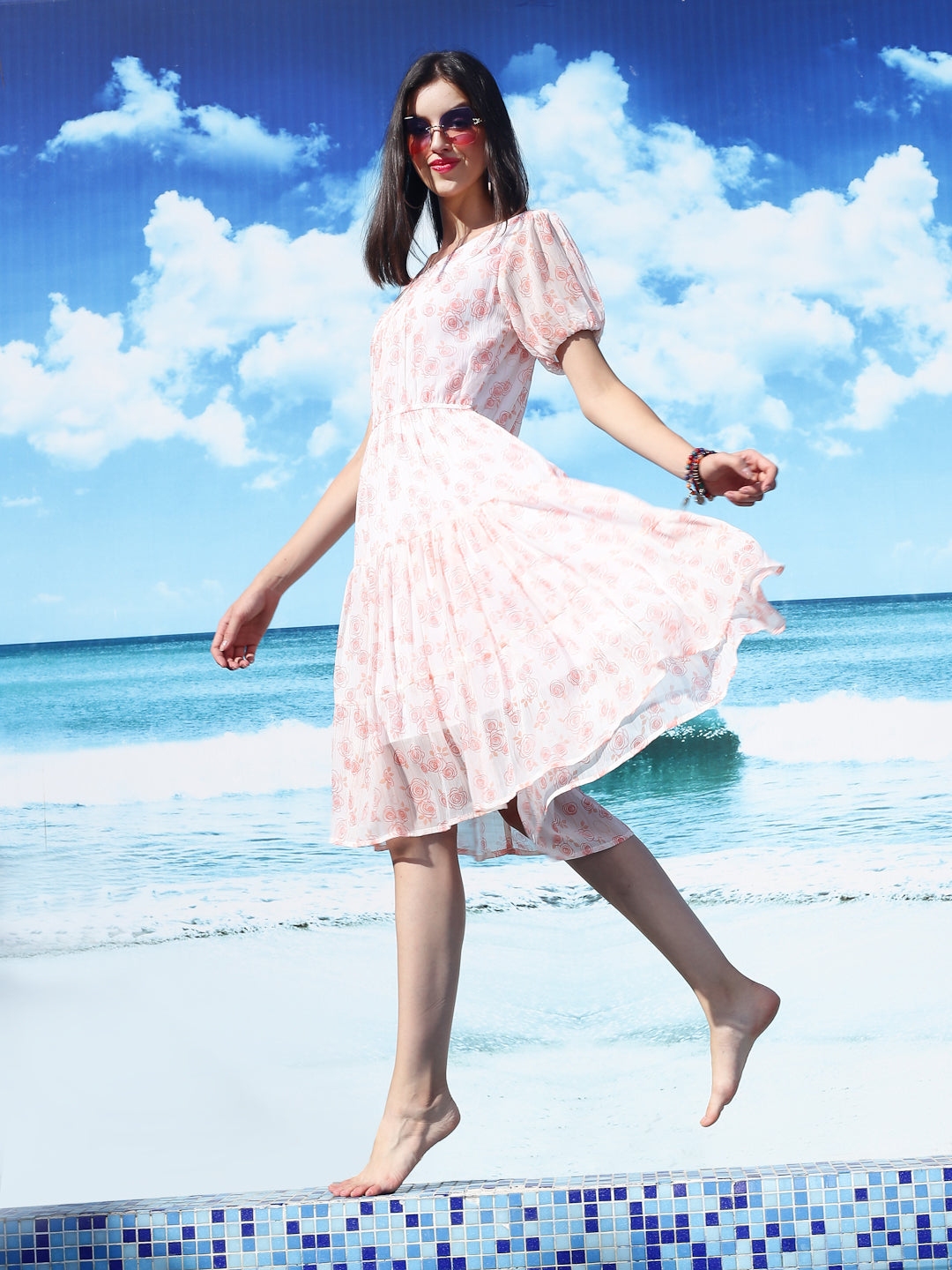 White floral Knee Dress