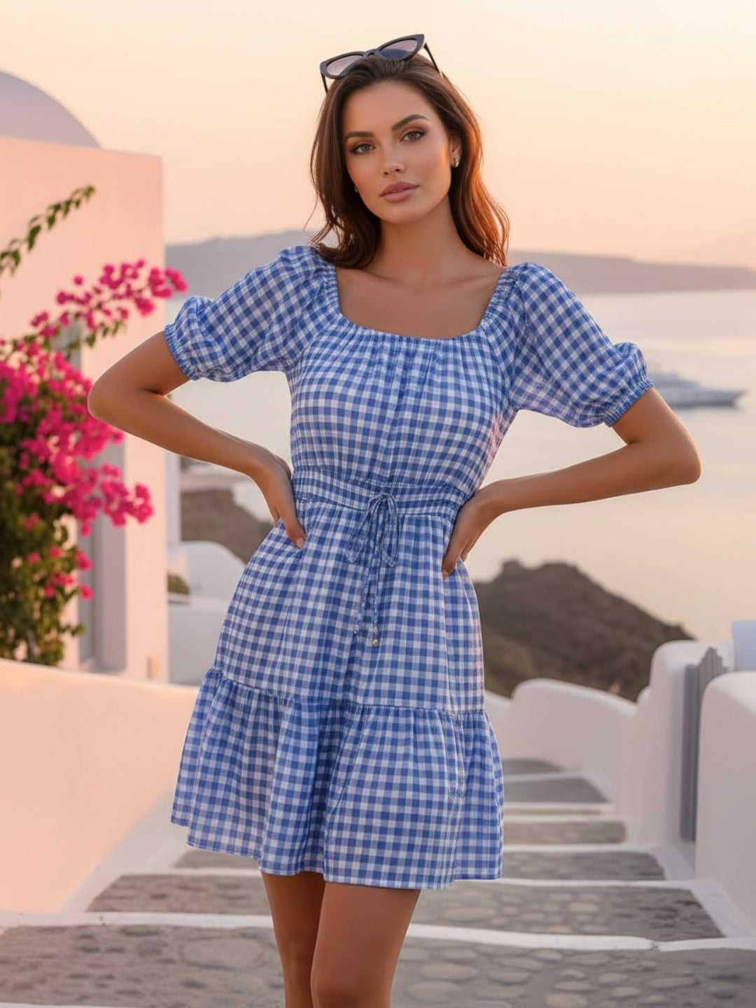 Sera Checked Square Neck Fit and Flare Short Sleeves Mini Dresses