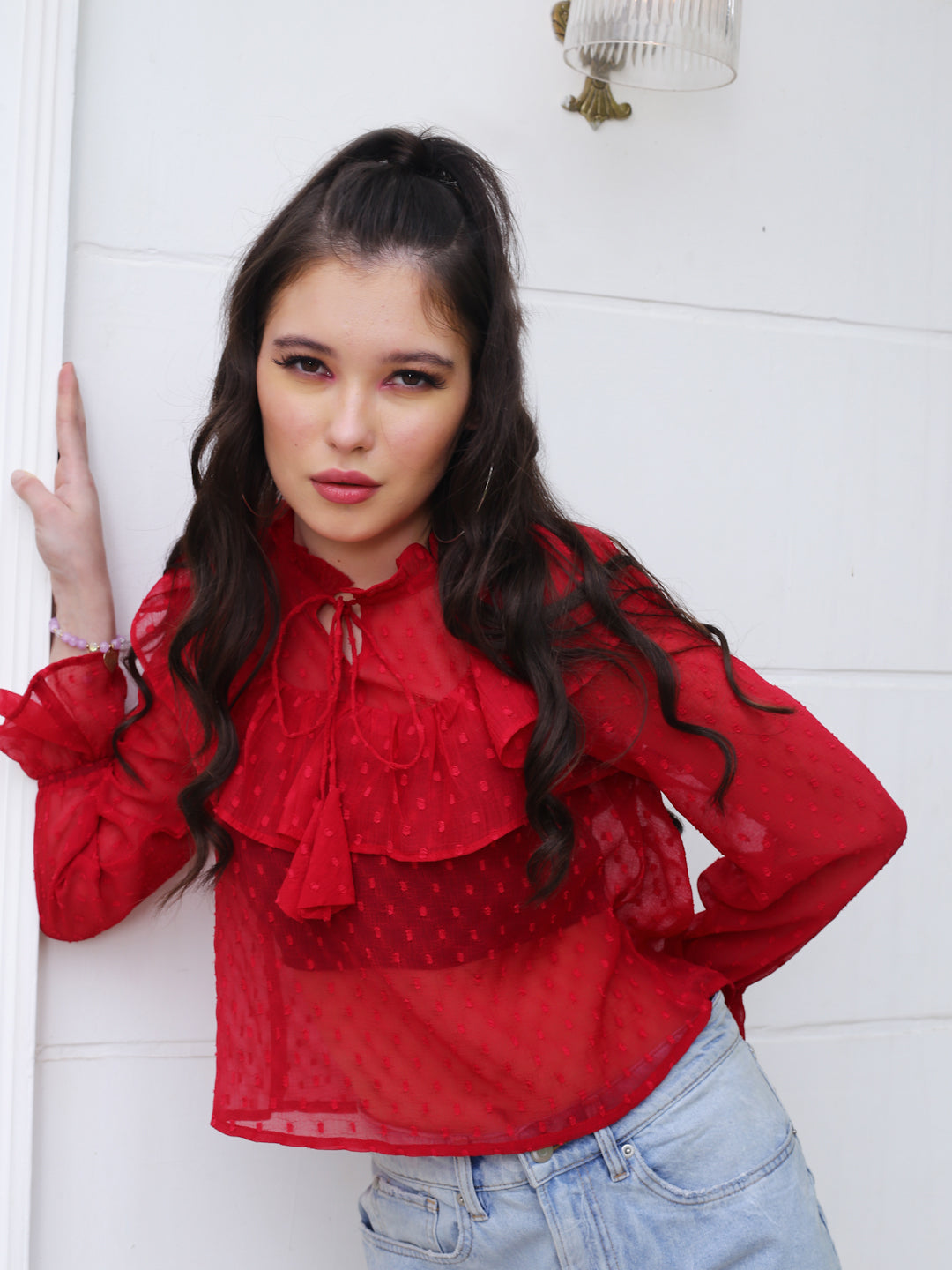 Red Tie-Up Neck Sheer Top