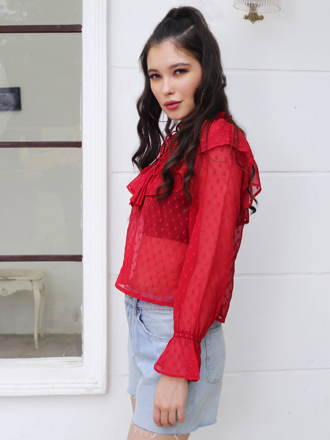 Red Tie-Up Neck Sheer Top