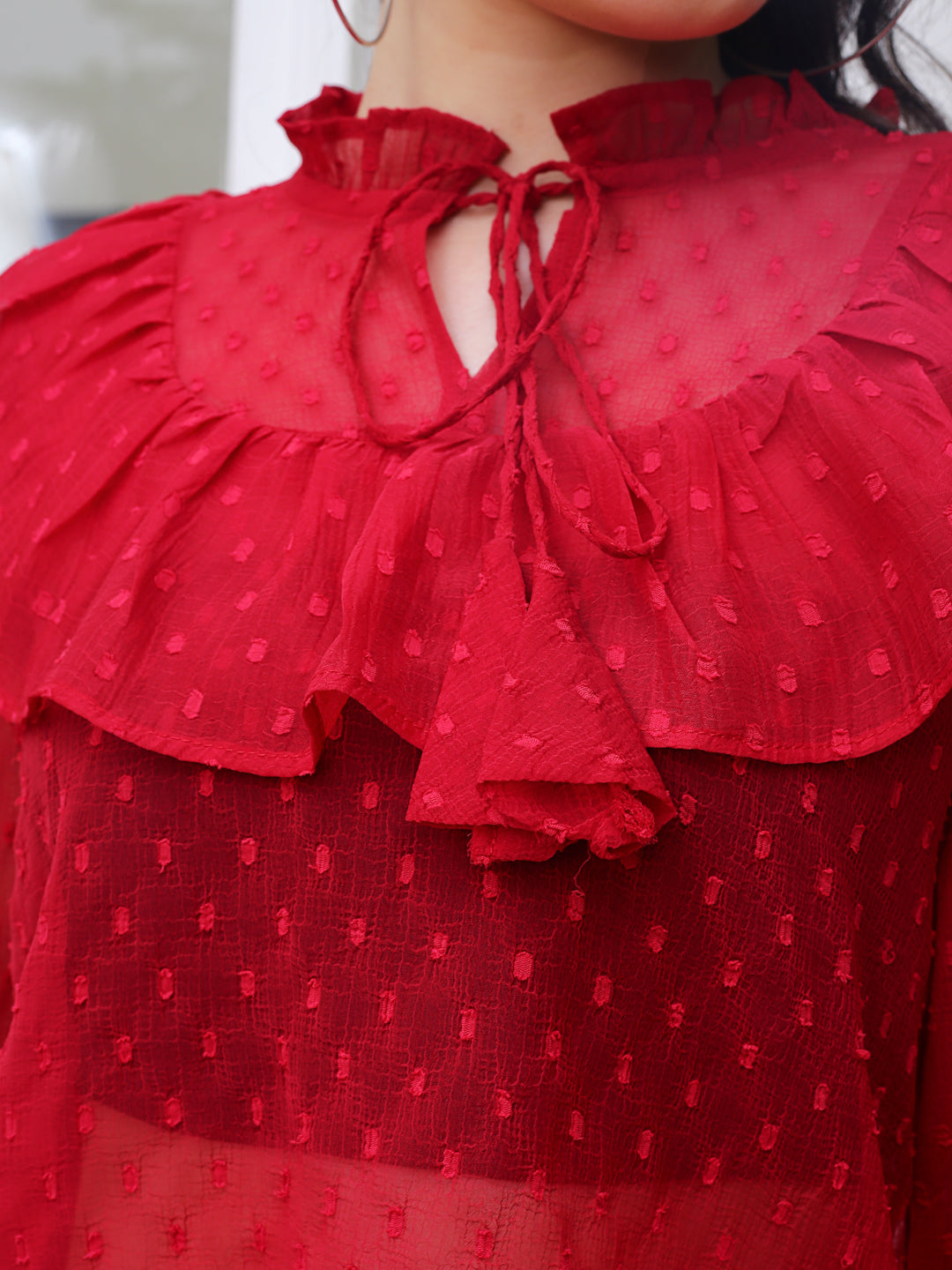 Red Tie-Up Neck Sheer Top