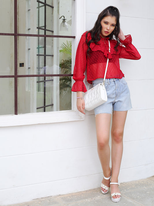 Red Tie-Up Neck Sheer Top