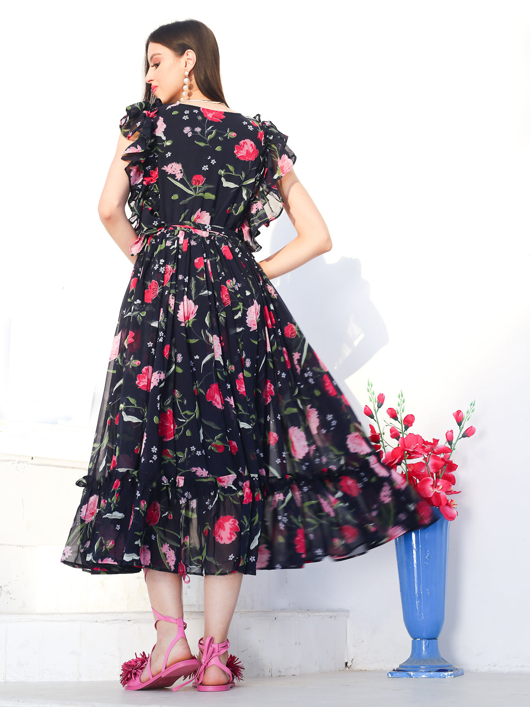 Navy Floral Midi Dress