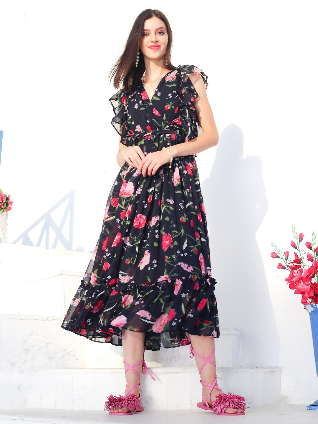 Navy Floral Midi Dress