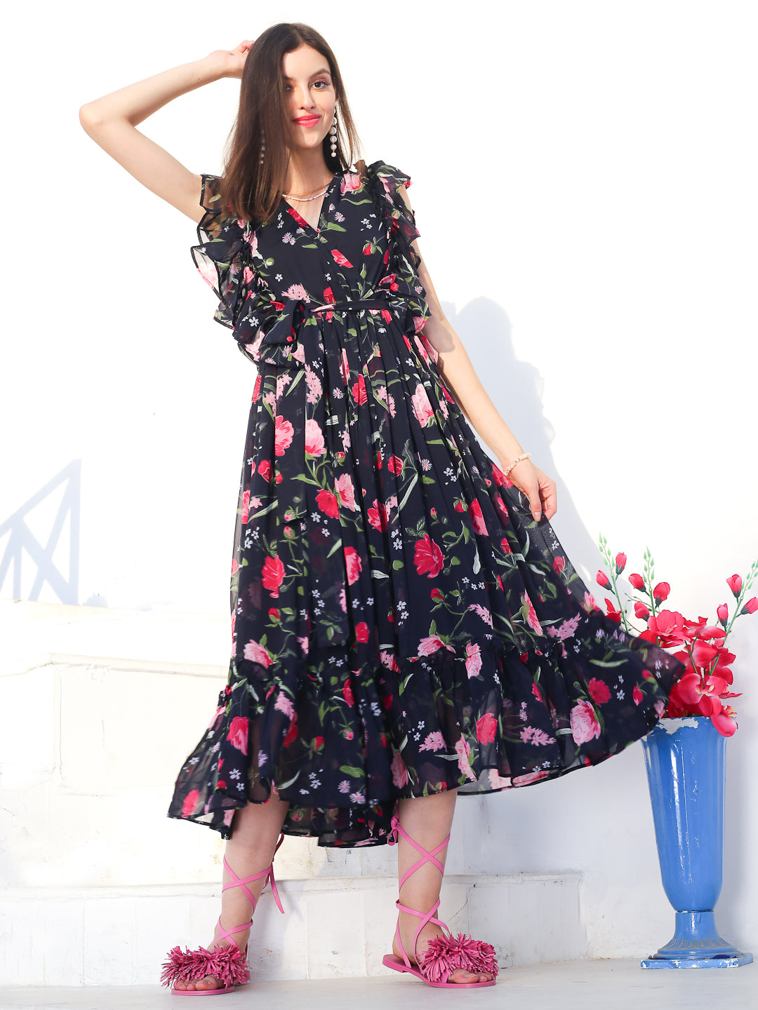 Navy Floral Midi Dress