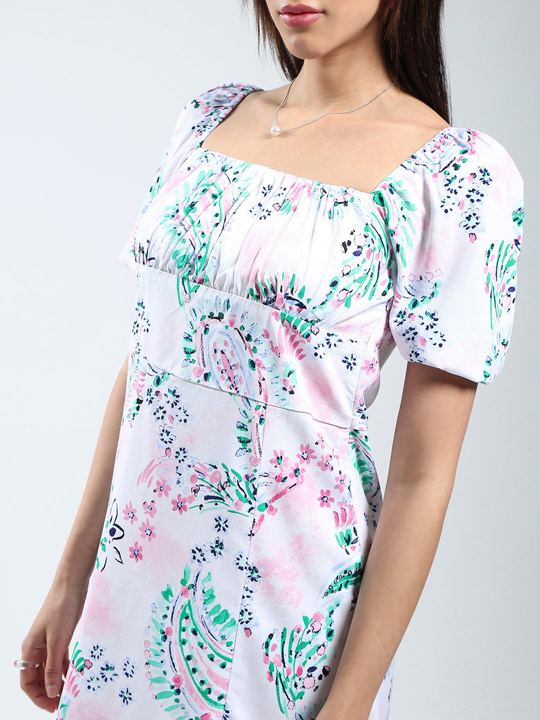 Rayon Lycra Printed Women Offwhite Mini Dress