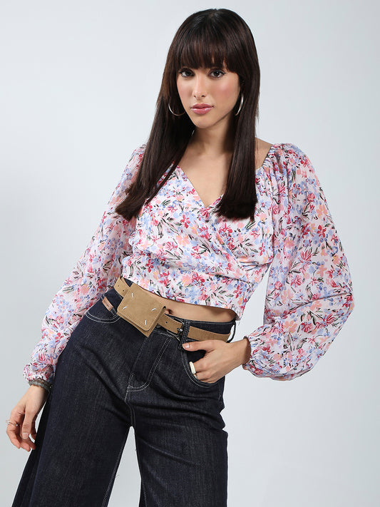Sera White Floral Long Sleeve Wrap Top