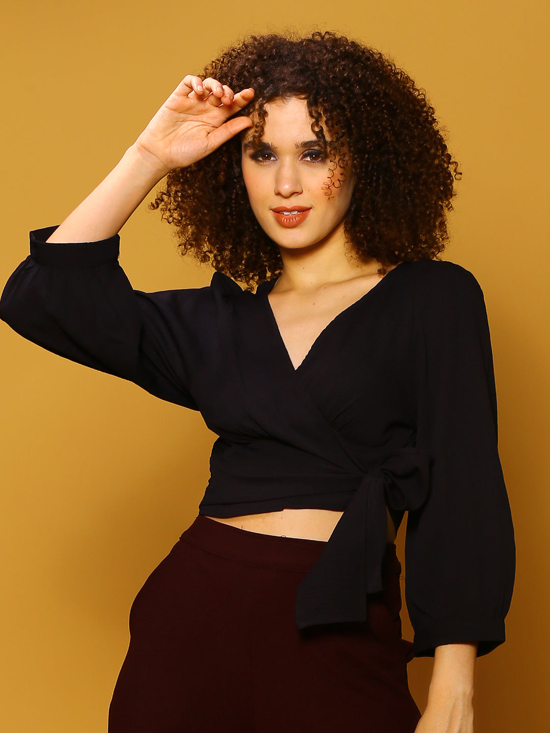 Black Solid Tie Crop Top