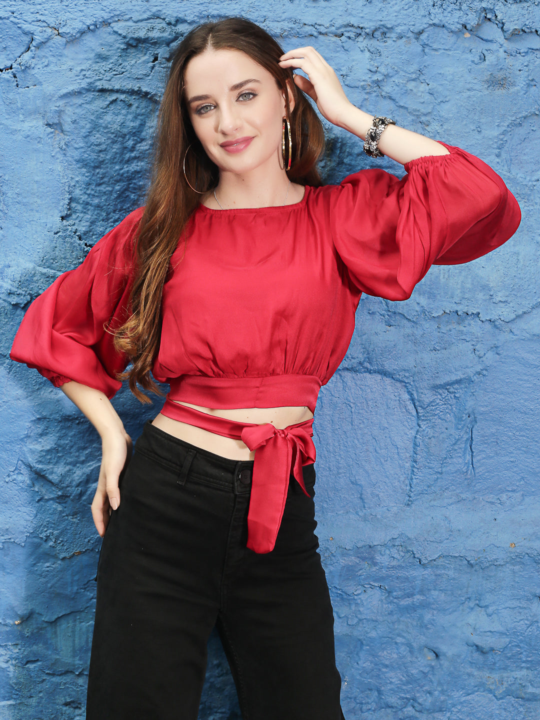 Red Solid Tie-Up Crop Top