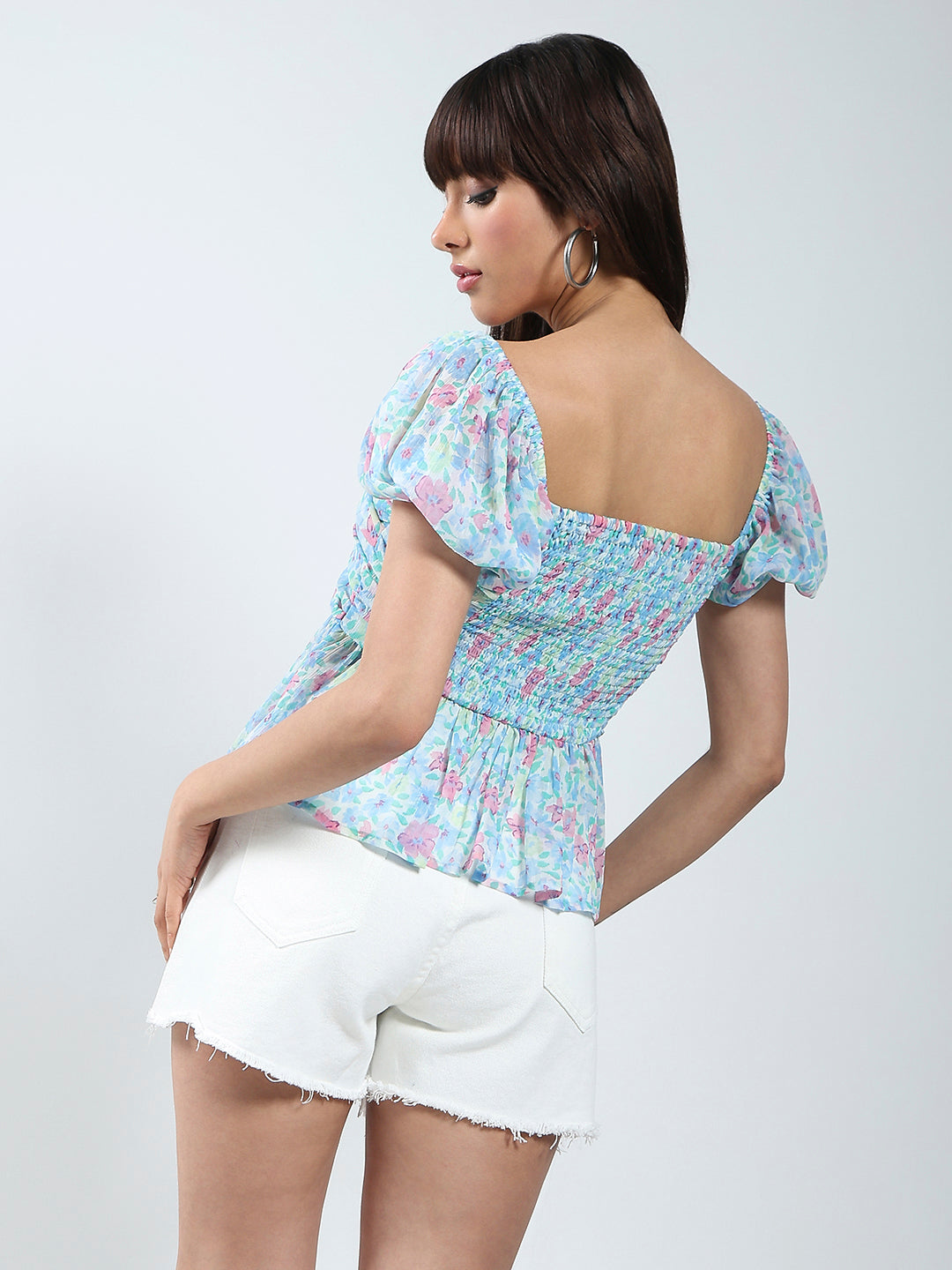 Women Blue Floral Regular Short Sleeves Square Neck Top