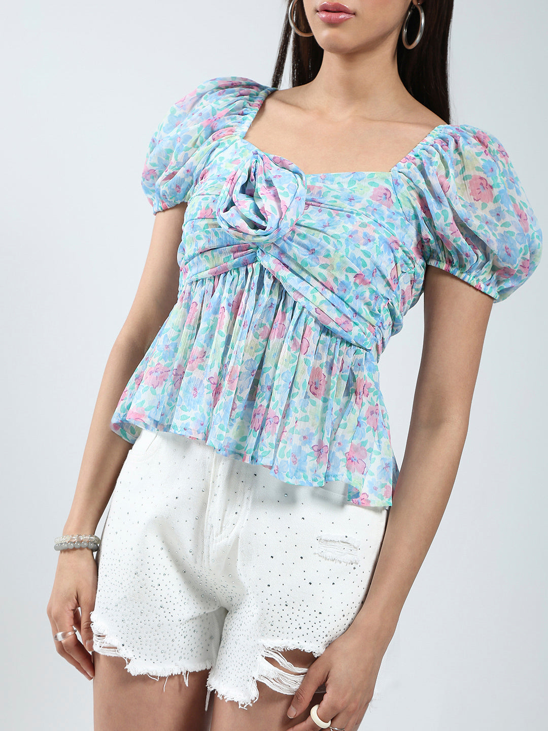 Women Blue Floral Regular Short Sleeves Square Neck Top