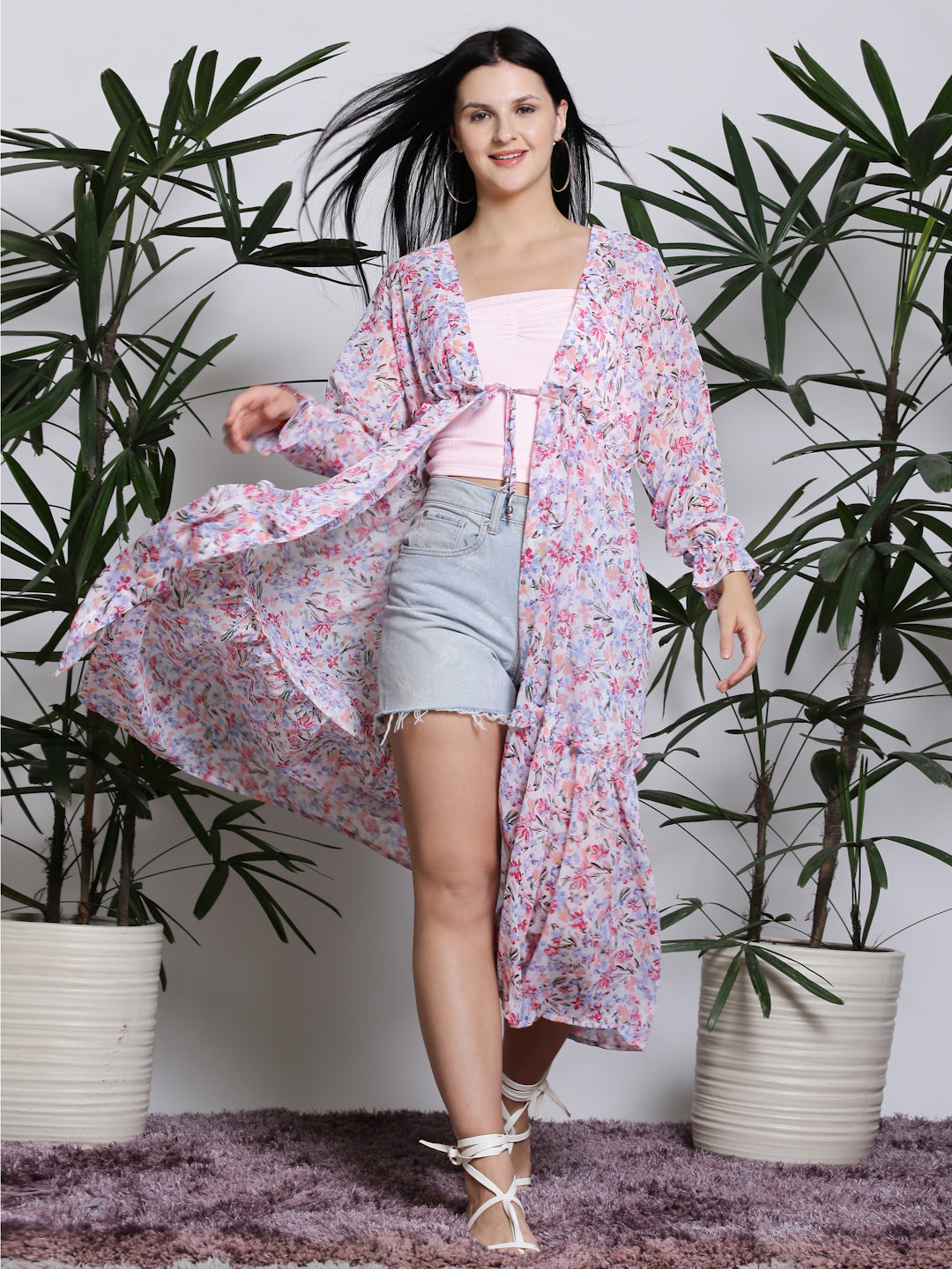 White Floral Long Shrug