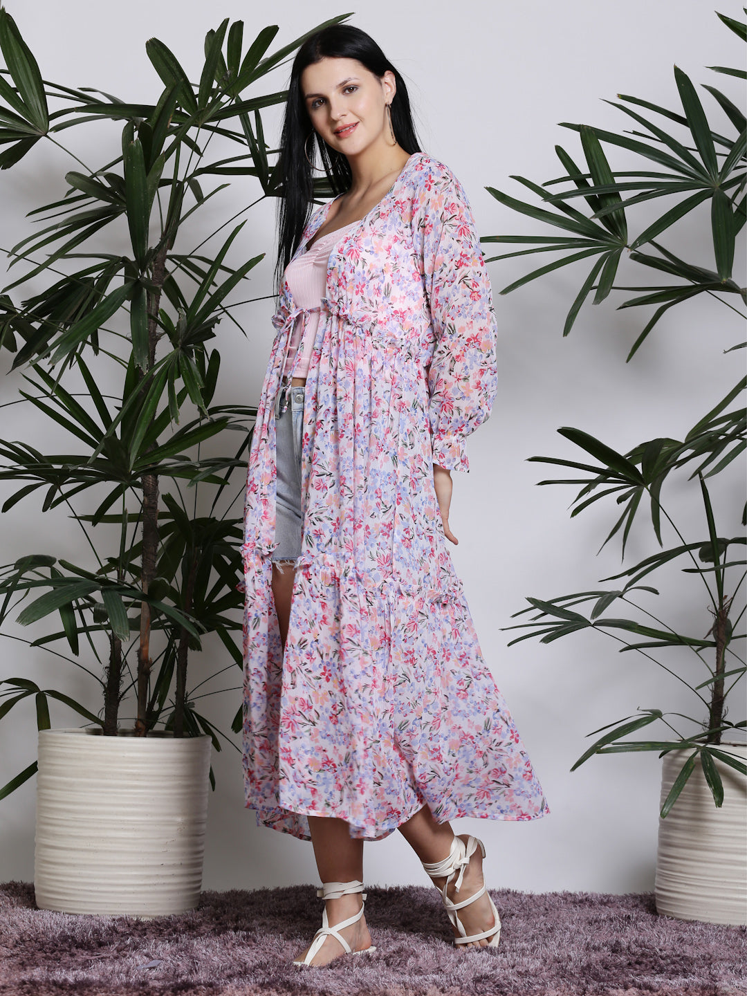 White Floral Long Shrug
