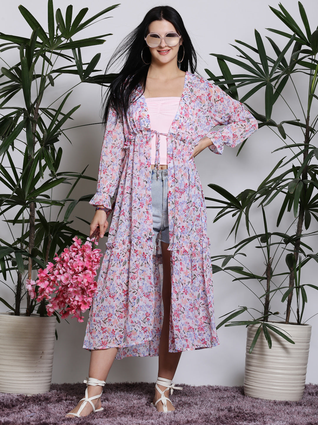 White Floral Long Shrug
