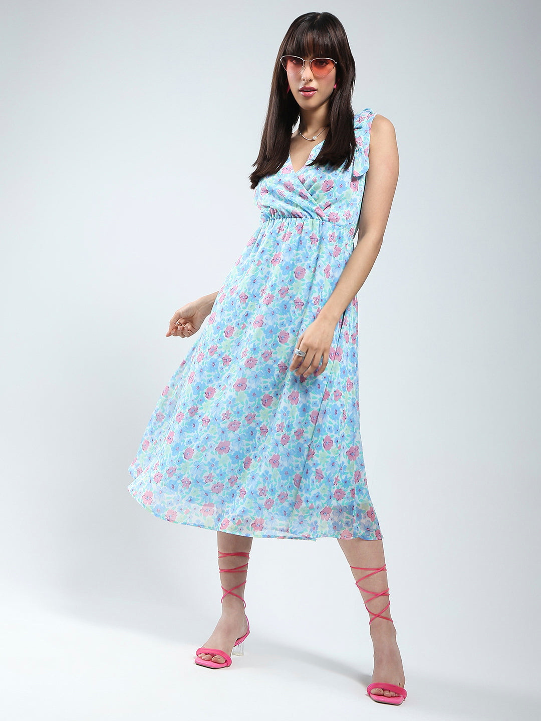 Women Blue floral midi fit and flare dress