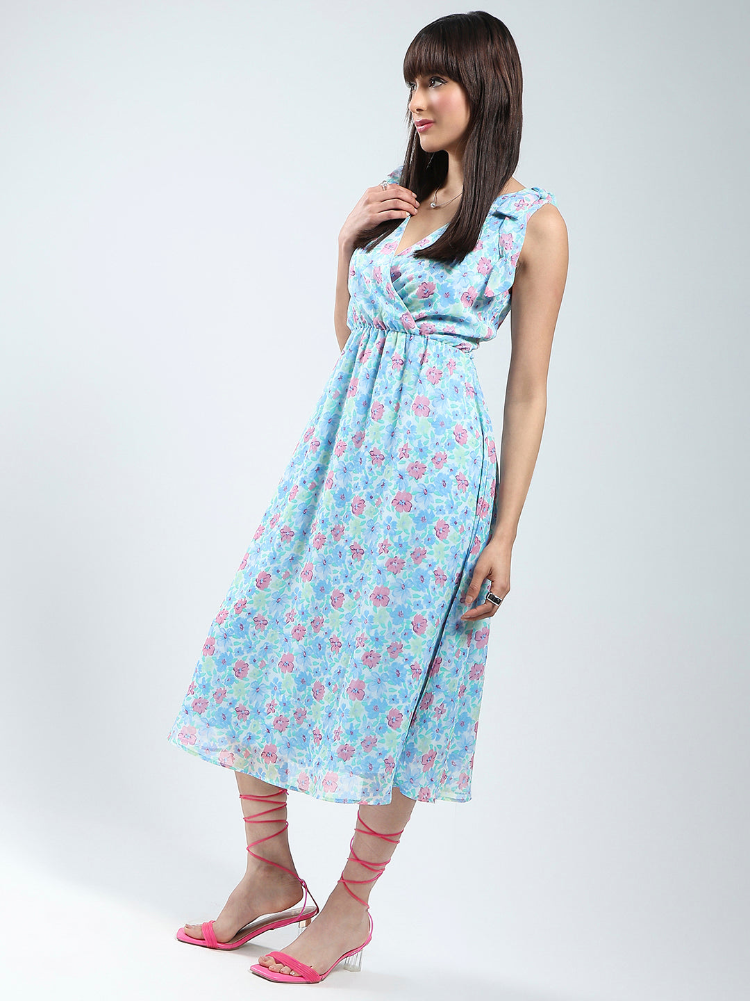 Women Blue floral midi fit and flare dress