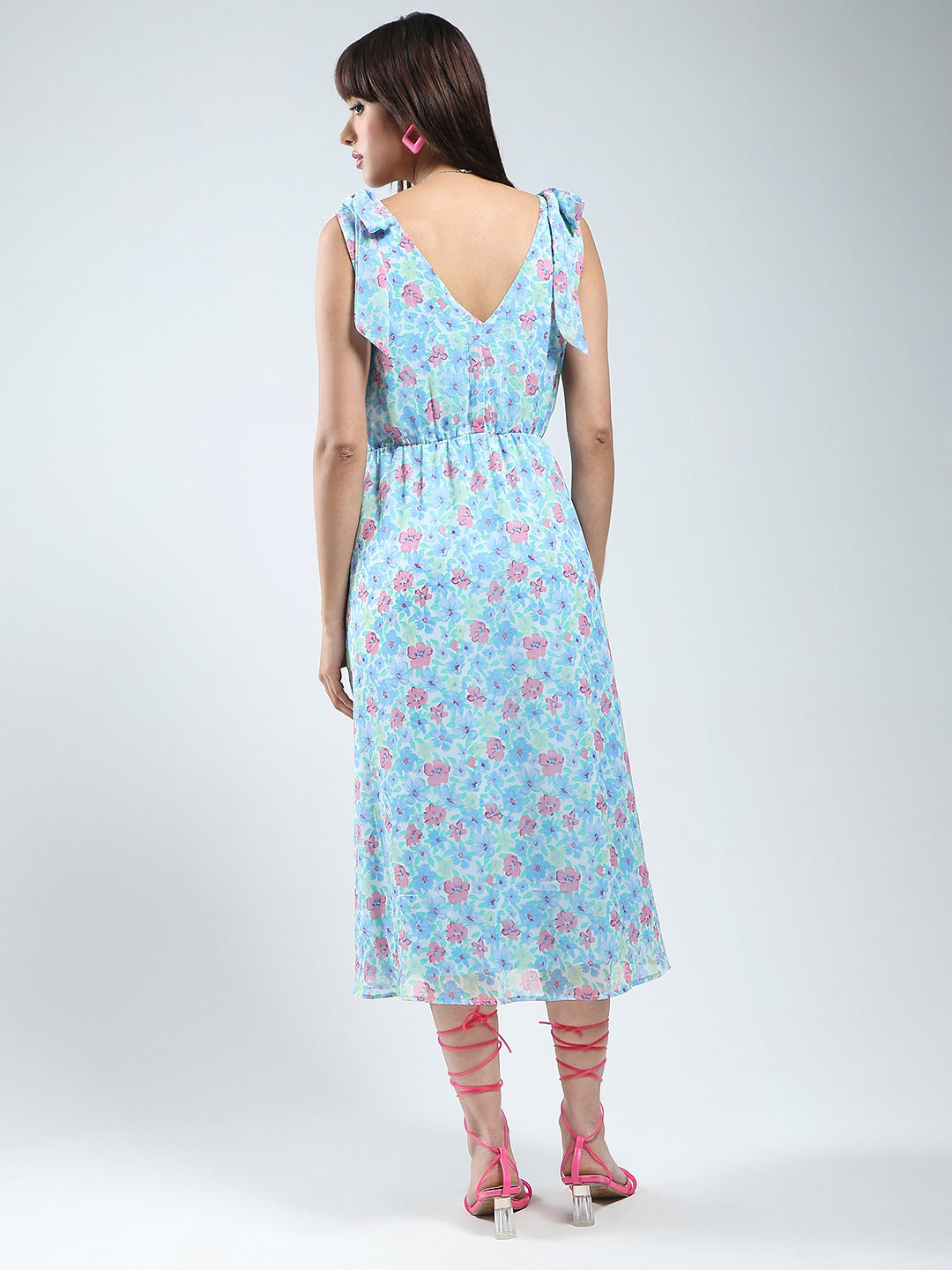 Women Blue floral midi fit and flare dress