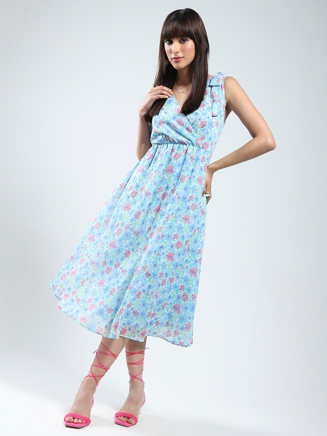Women Blue floral midi fit and flare dress
