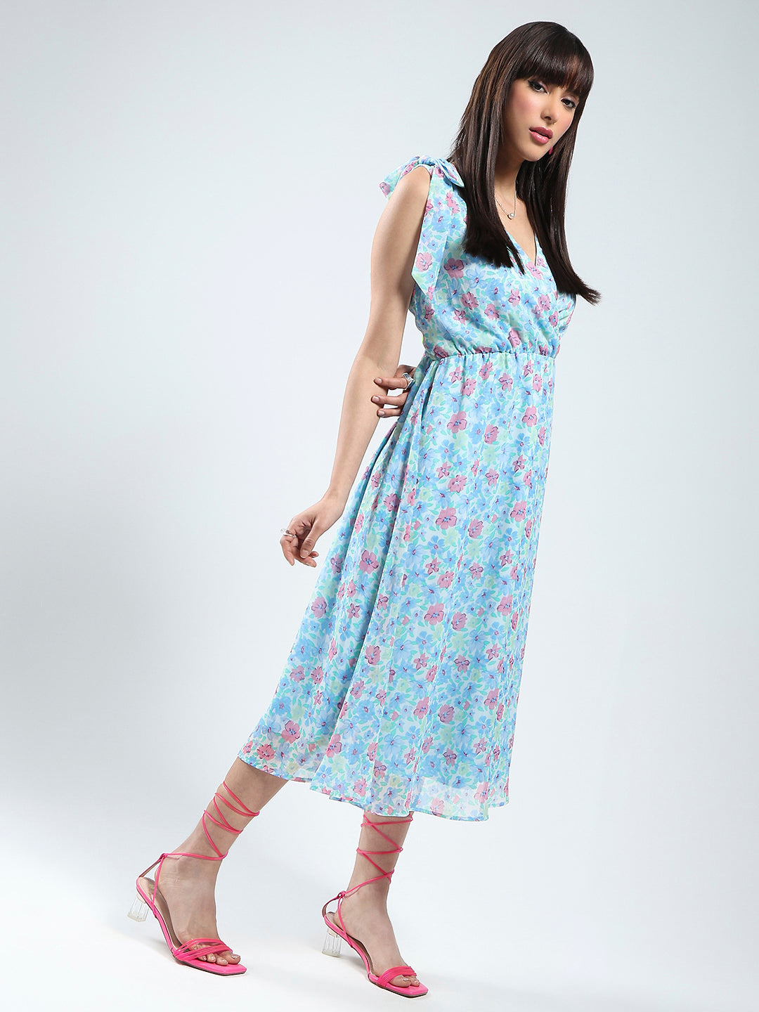 Women Blue floral midi fit and flare dress
