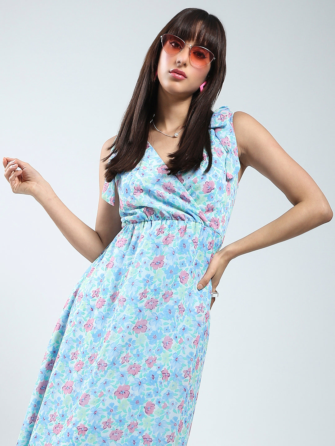 Women Blue floral midi fit and flare dress