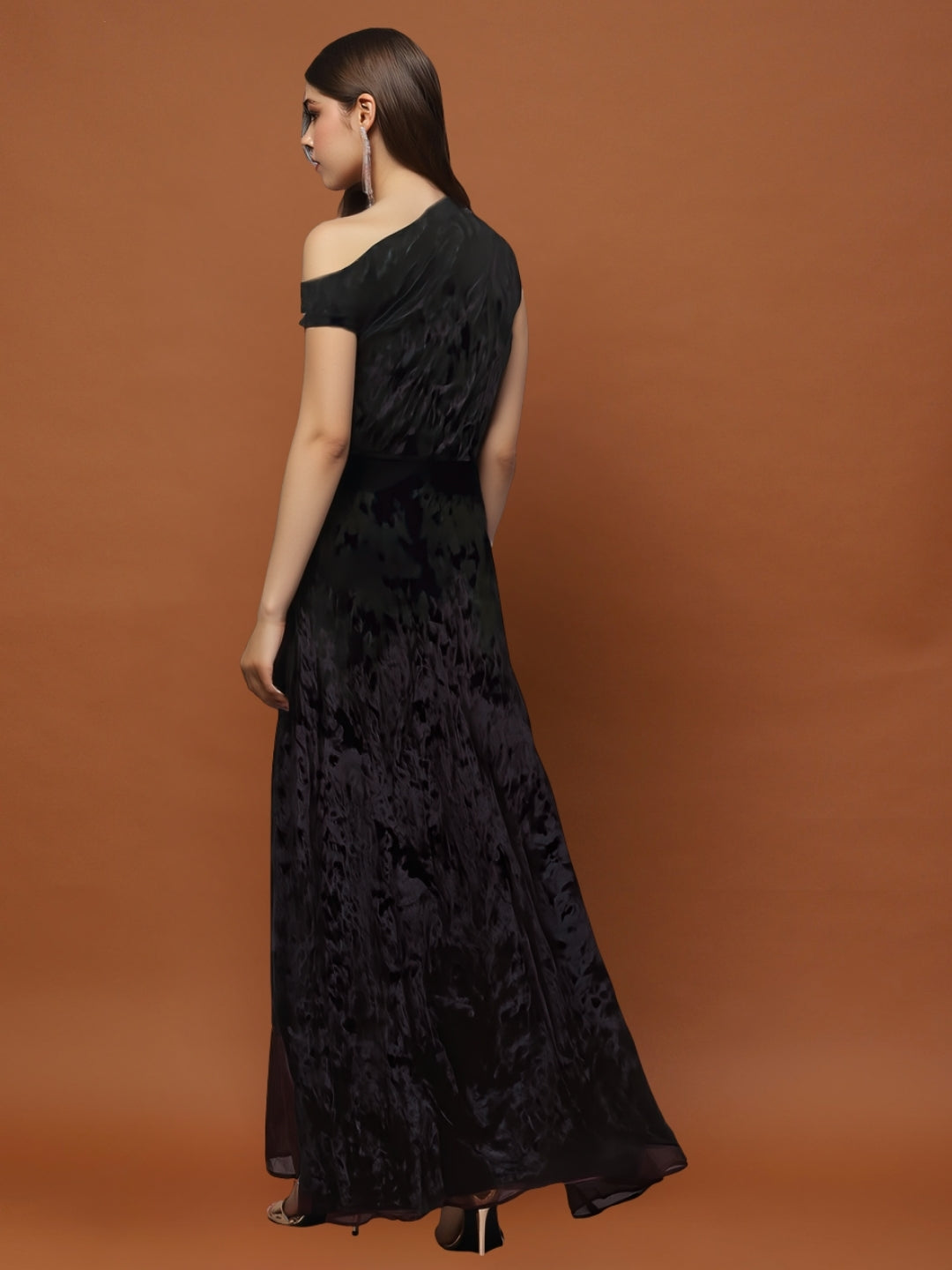 Black Velvet One Shoulder Maxi Dress – Elegant Party Wear Evening Gown with Slit