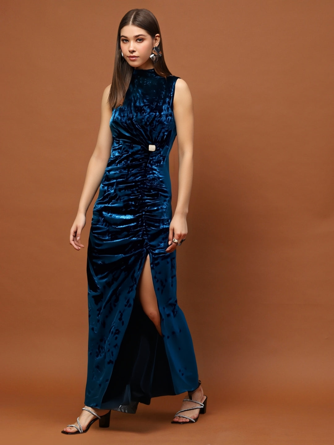 Teal Blue Velvet Bodycon Maxi Dress with Ruched Detailing & Side Slit – Elegant Women’s Party Wear