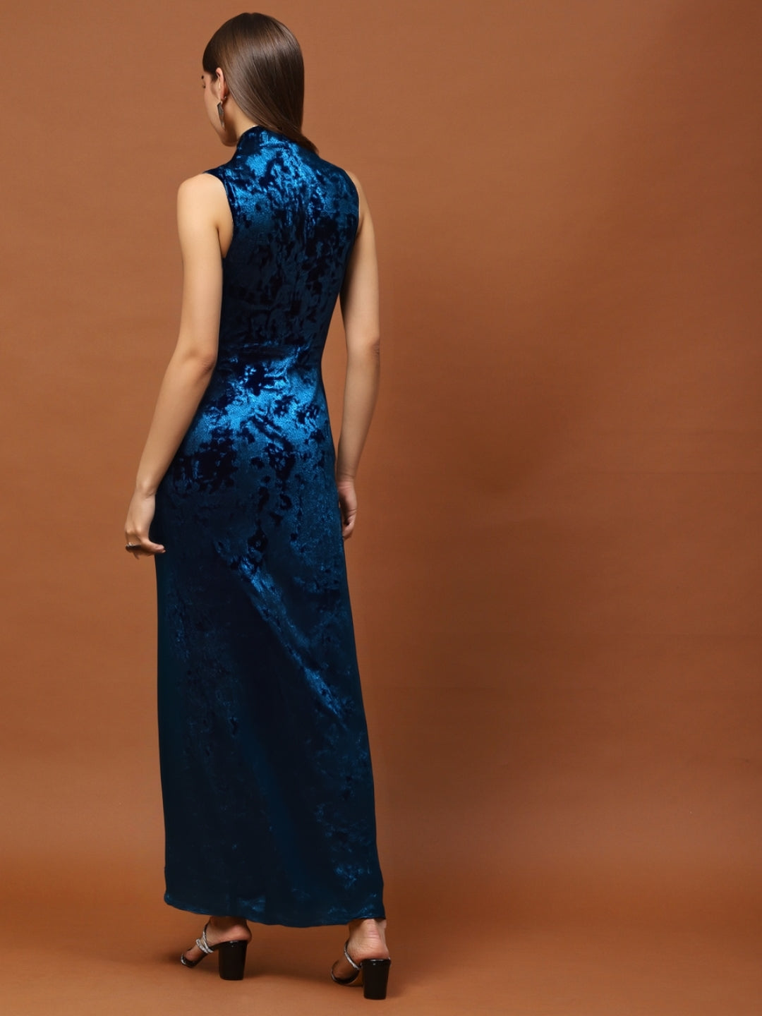Teal Blue Velvet Bodycon Maxi Dress with Ruched Detailing & Side Slit – Elegant Women’s Party Wear
