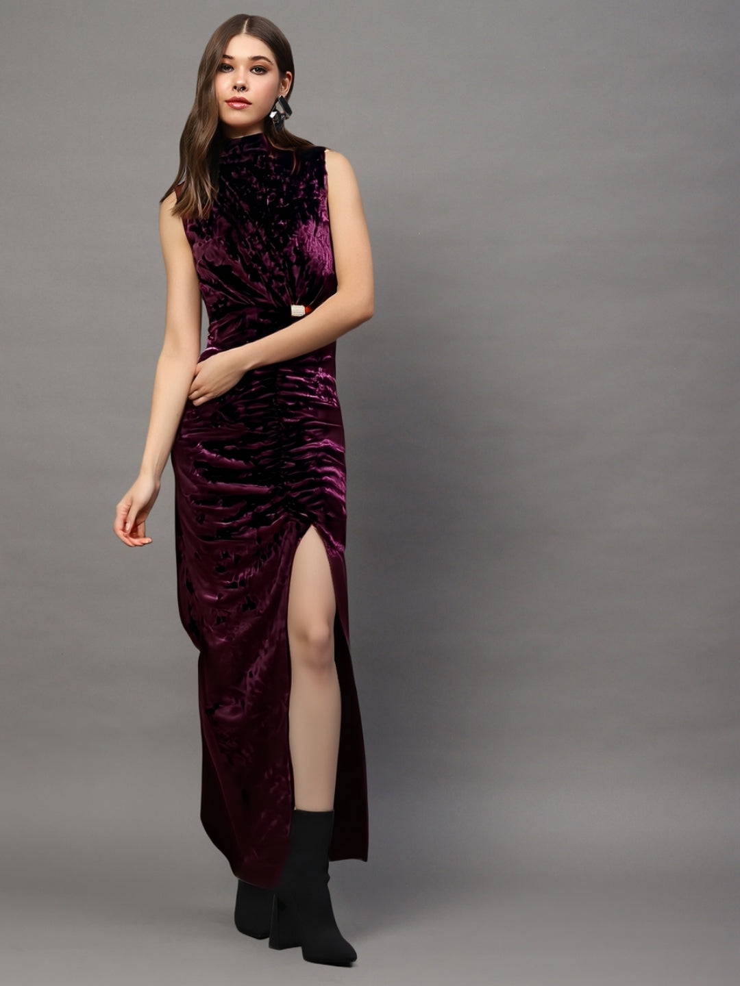 Maroon Velvet Bodycon Maxi Dress with Ruched Detailing & Side Slit  E   Sera