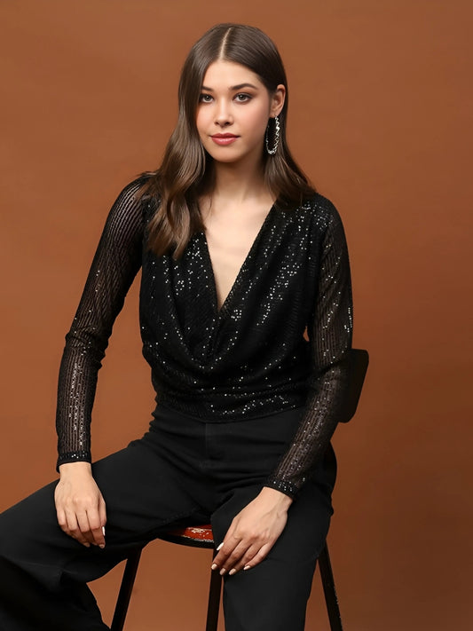 Black Sequin Stylish V-Neck Party Wear Long Sleeve Shimmer Top