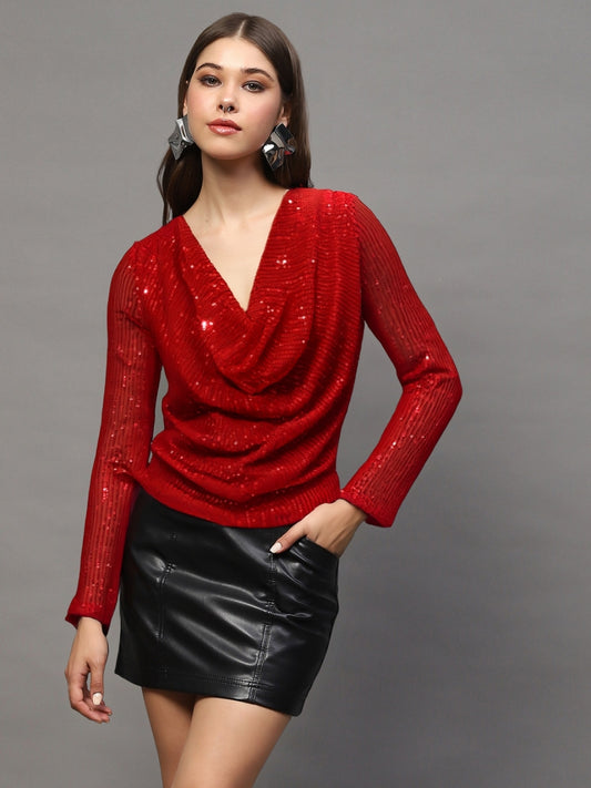 Red Sequin Draped Back Long Sleeve Sparkly Evening Wear Party Top