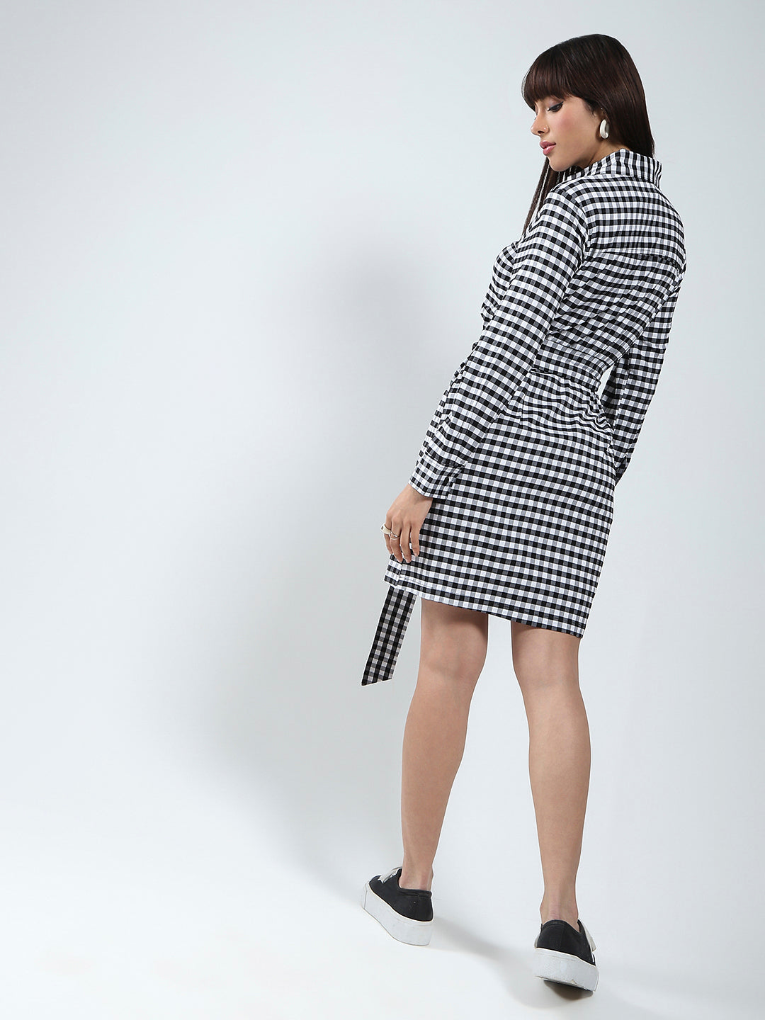 Rayon Lycra Checks Women Black and white check mini Shirt collar dress