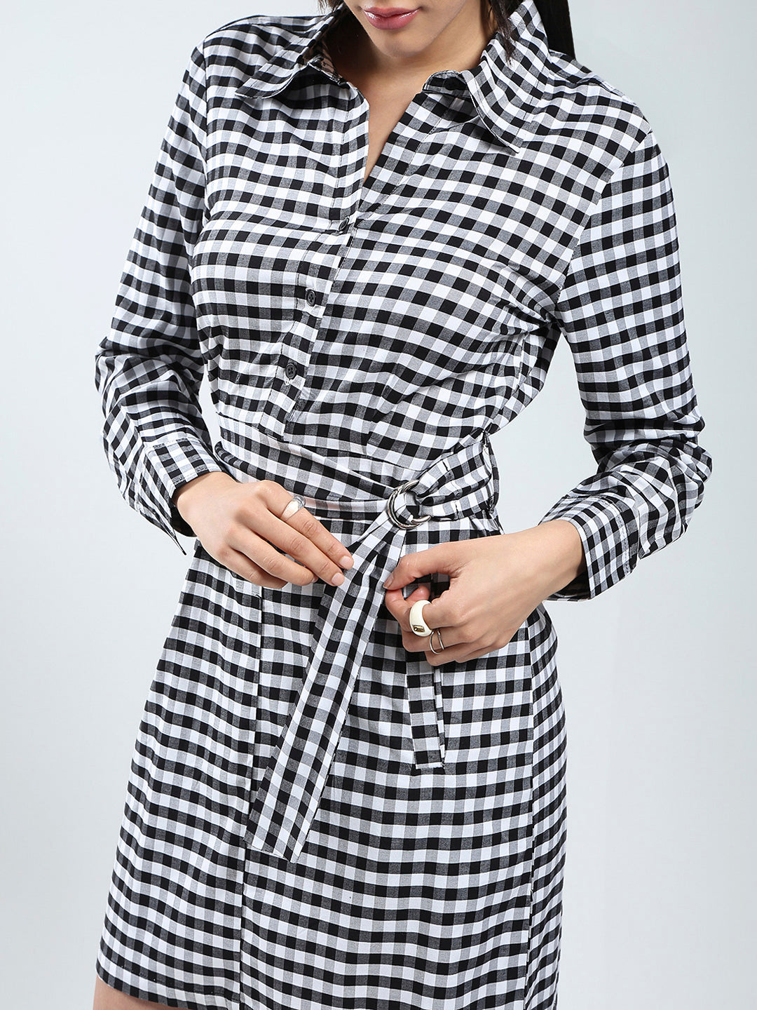 Rayon Lycra Checks Women Black and white check mini Shirt collar dress
