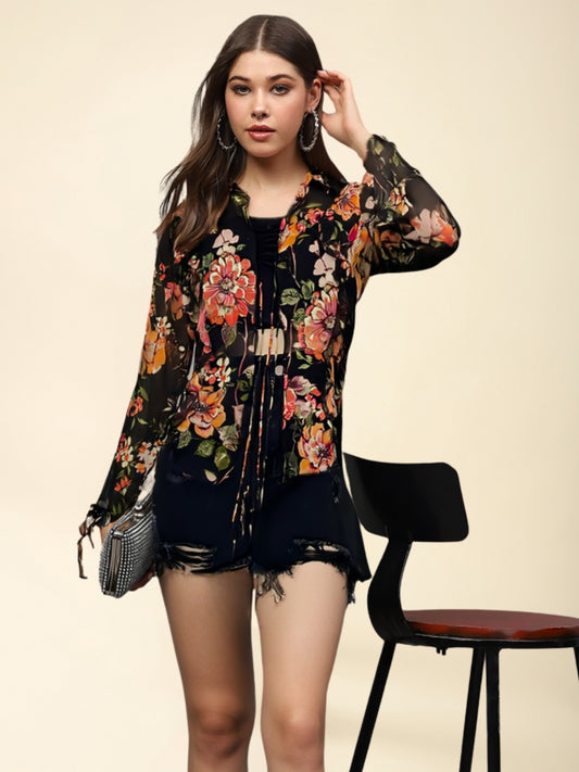 Midnight Bloom Vibes Sheer Black Floral  for Layer Queens Chiffon Shrug