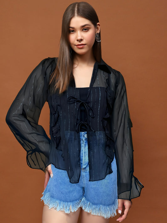 Sleek & Sheer Black Ruffle Dark Baddie Edit Chiffon Shrug