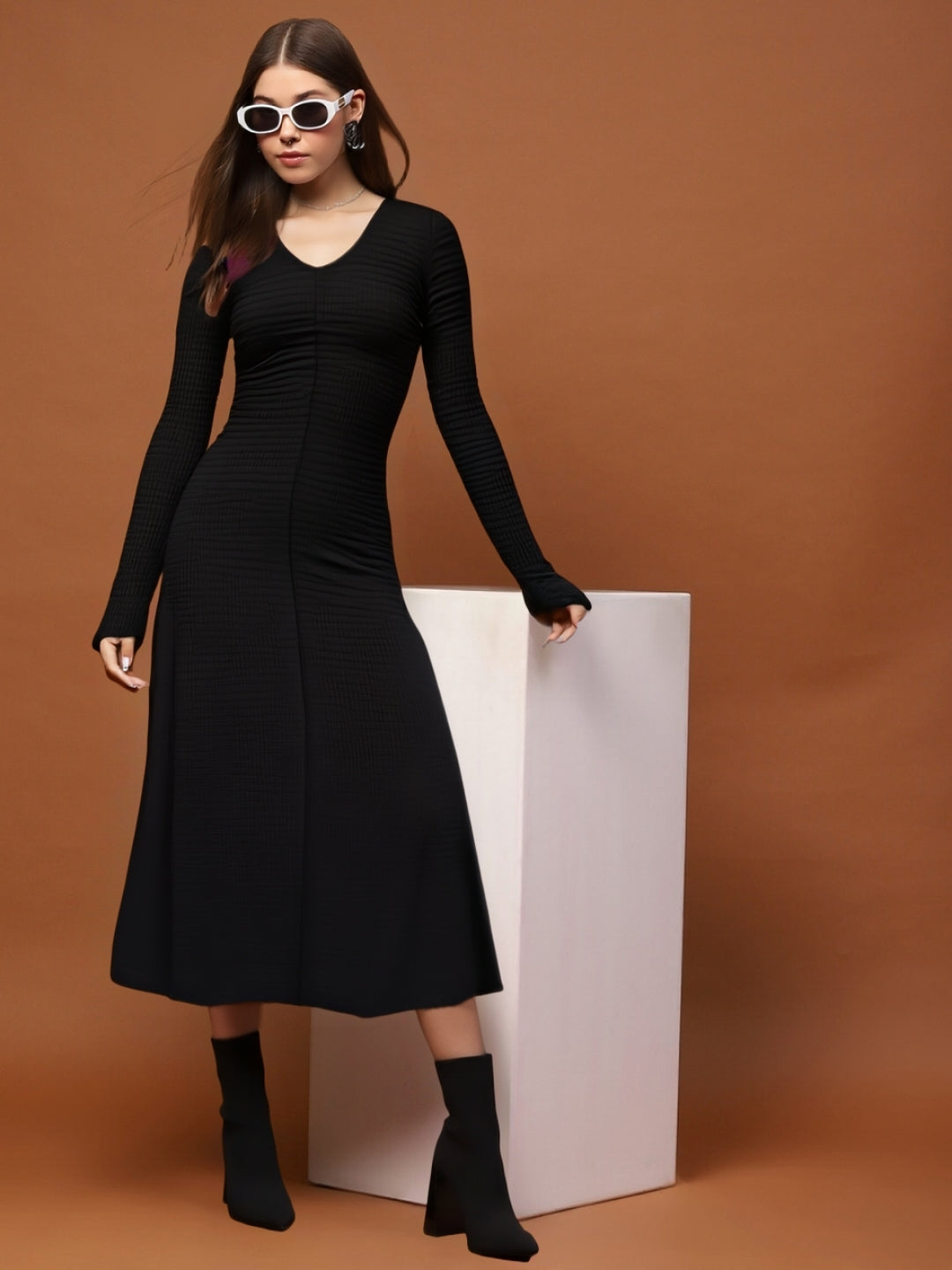 Black Long Sleeve Anarkali Style Maxi Dress with V-Neck – Elegant Ethnic & Party Wear for Women