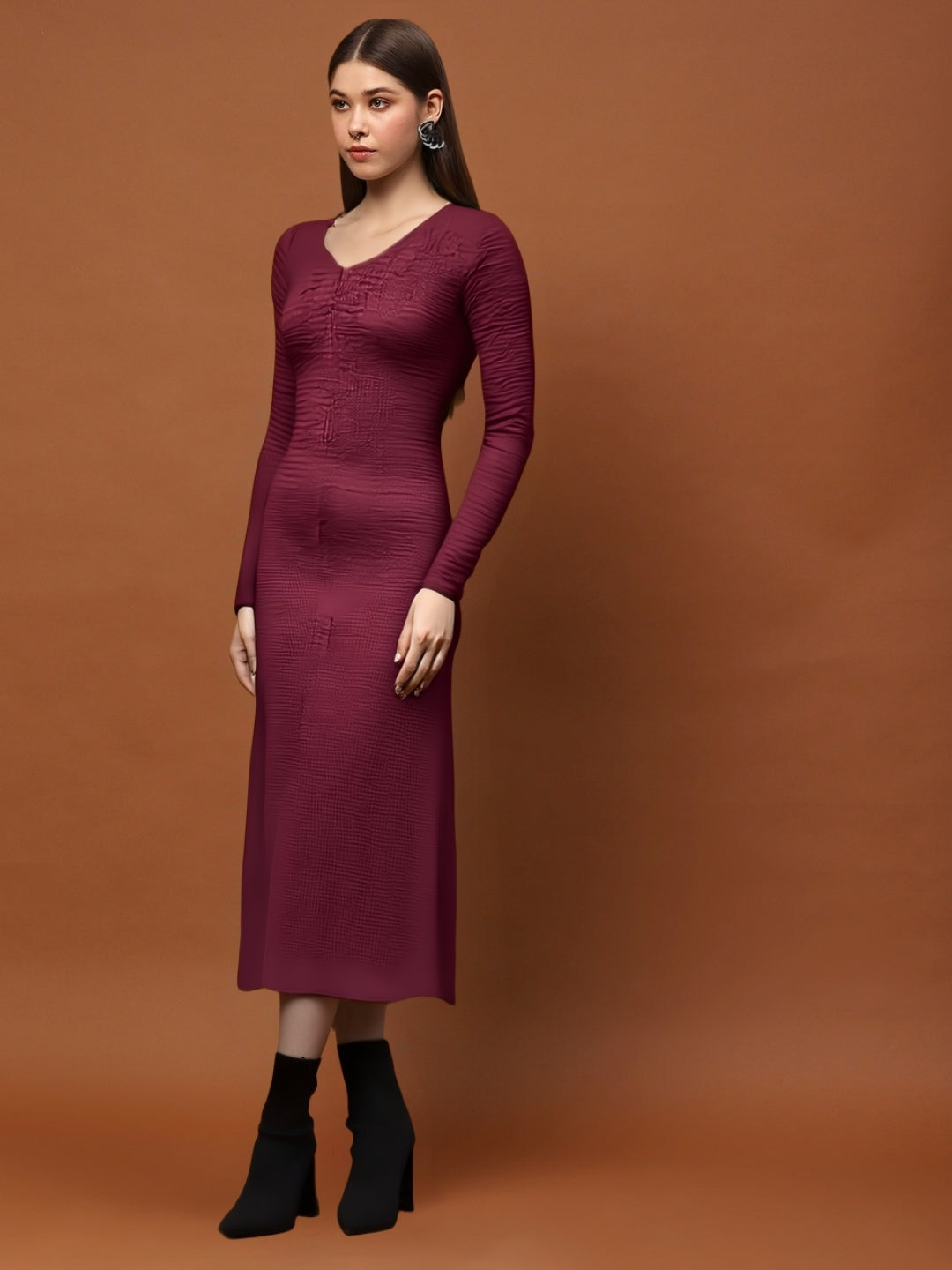 Maroon Long Sleeve Anarkali Style Maxi Dress with V-Neck – Elegant Ethnic & Party Wear for Women