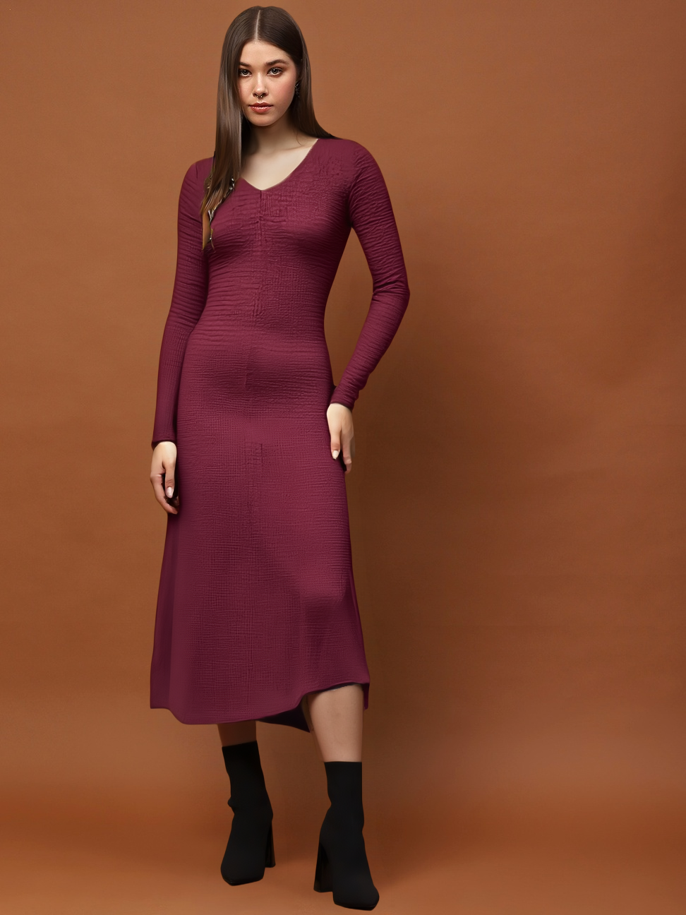 Maroon Long Sleeve Anarkali Style Maxi Dress with V-Neck – Elegant Ethnic & Party Wear for Women