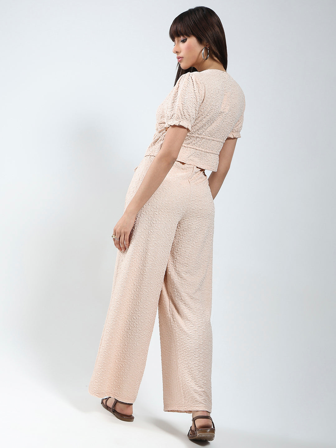 Sera women Ecru solid top and trouser cord-set
