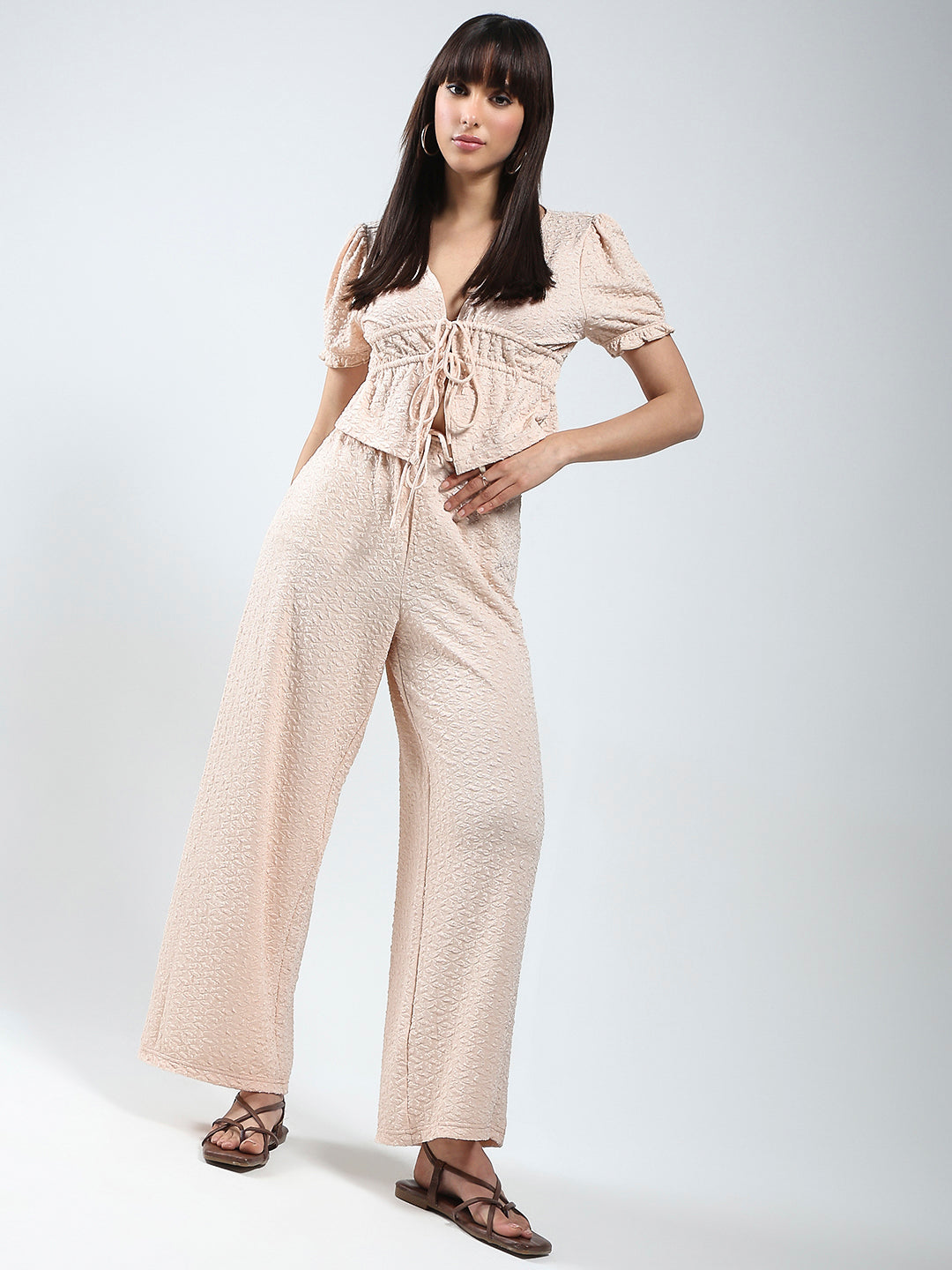 Sera women Ecru solid top and trouser cord-set