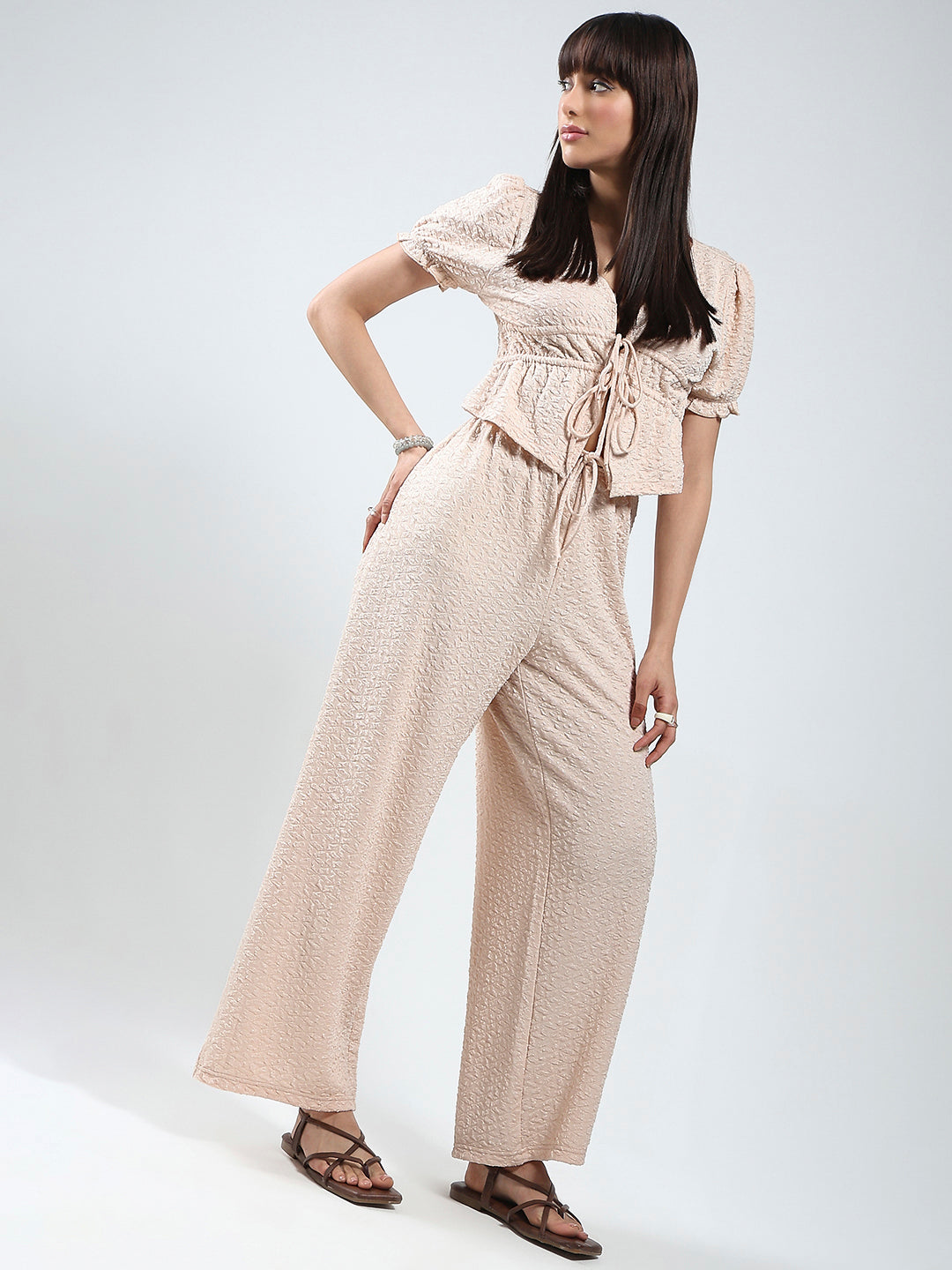 Sera women Ecru solid top and trouser cord-set