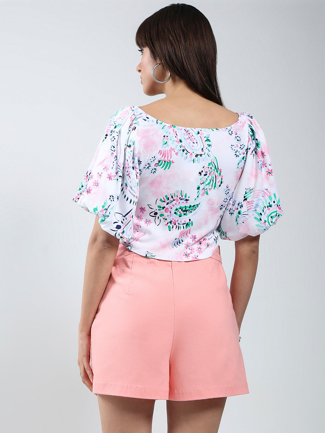 Print Puff Sleeve Crop Top