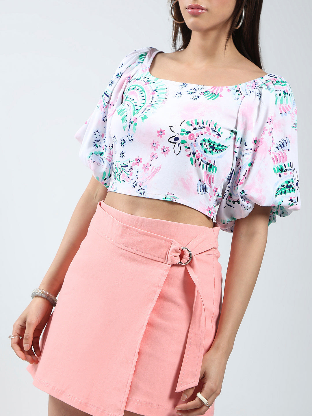 Print Puff Sleeve Crop Top