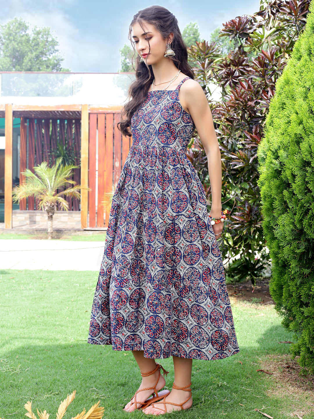 Cotton Boho Fit & Flared Midi Dress