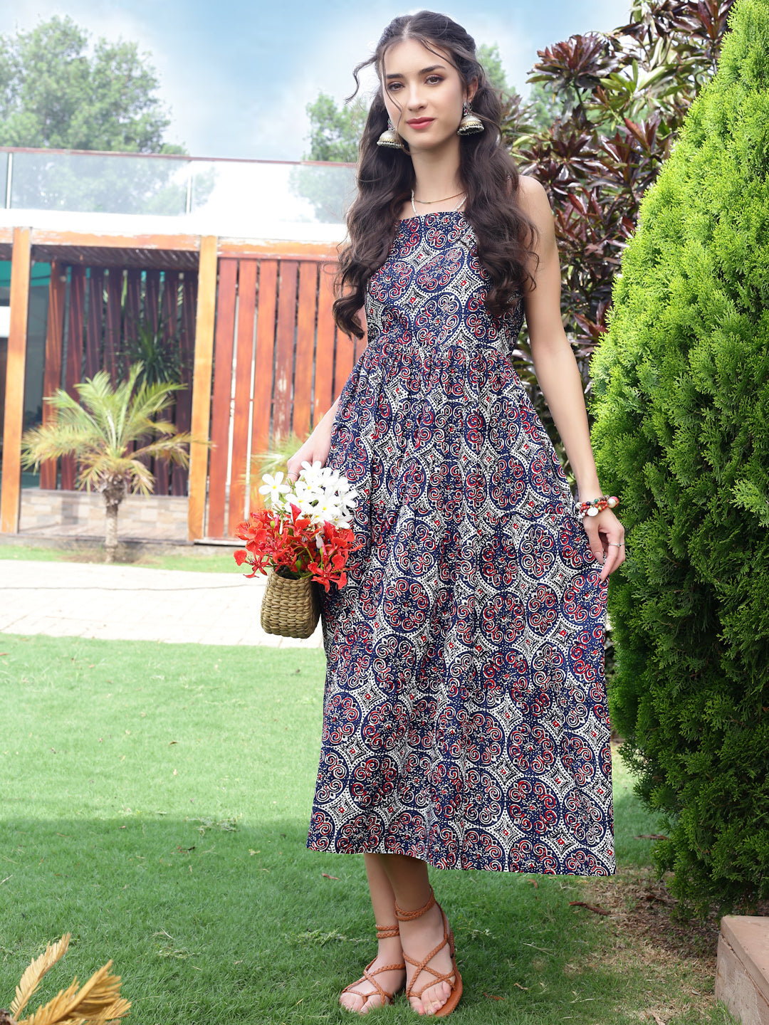 Cotton Boho Fit & Flared Midi Dress