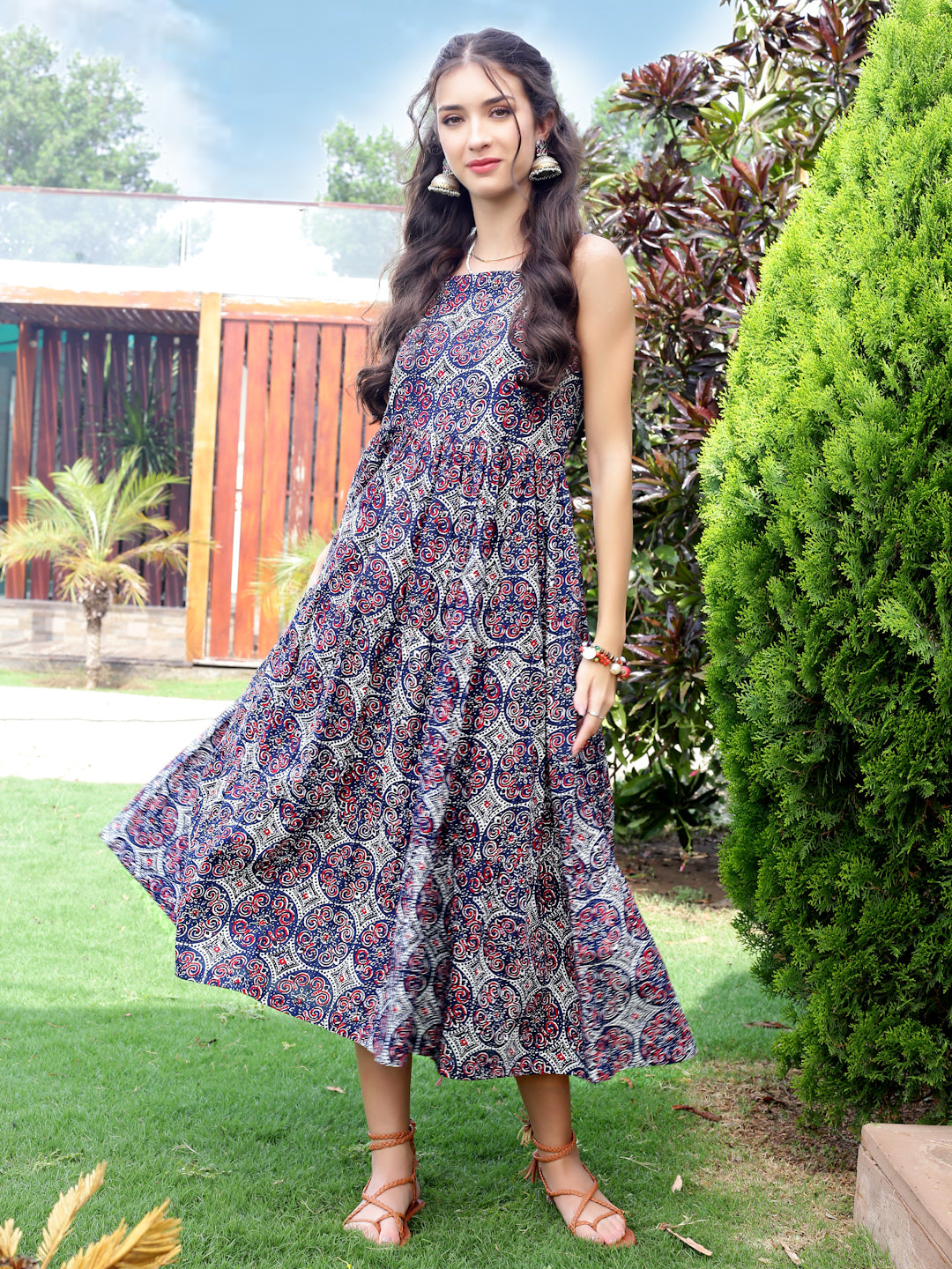 Cotton Boho Fit & Flared Midi Dress