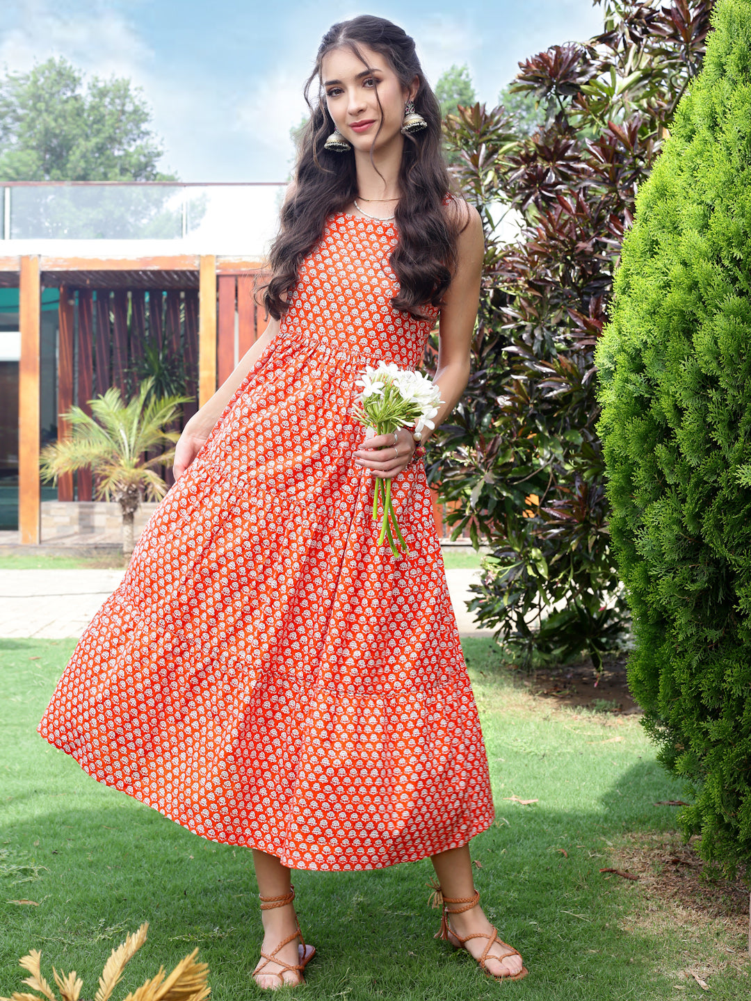 Cotton Boho Fit & Flared Midi Dress