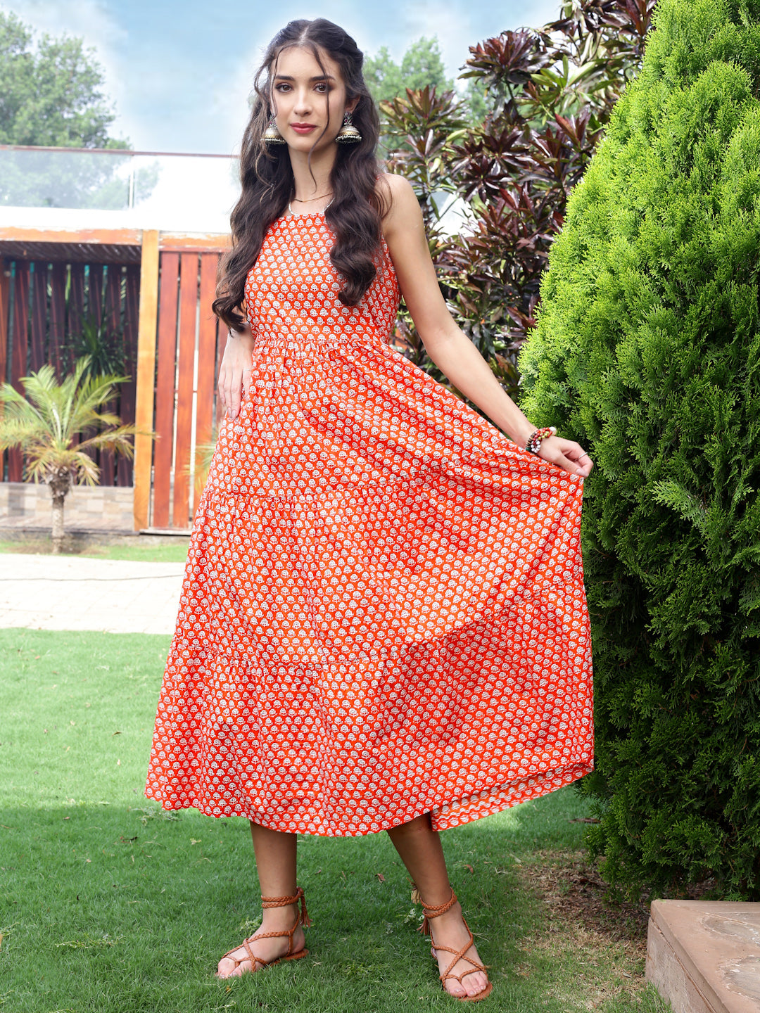 Cotton Boho Fit & Flared Midi Dress
