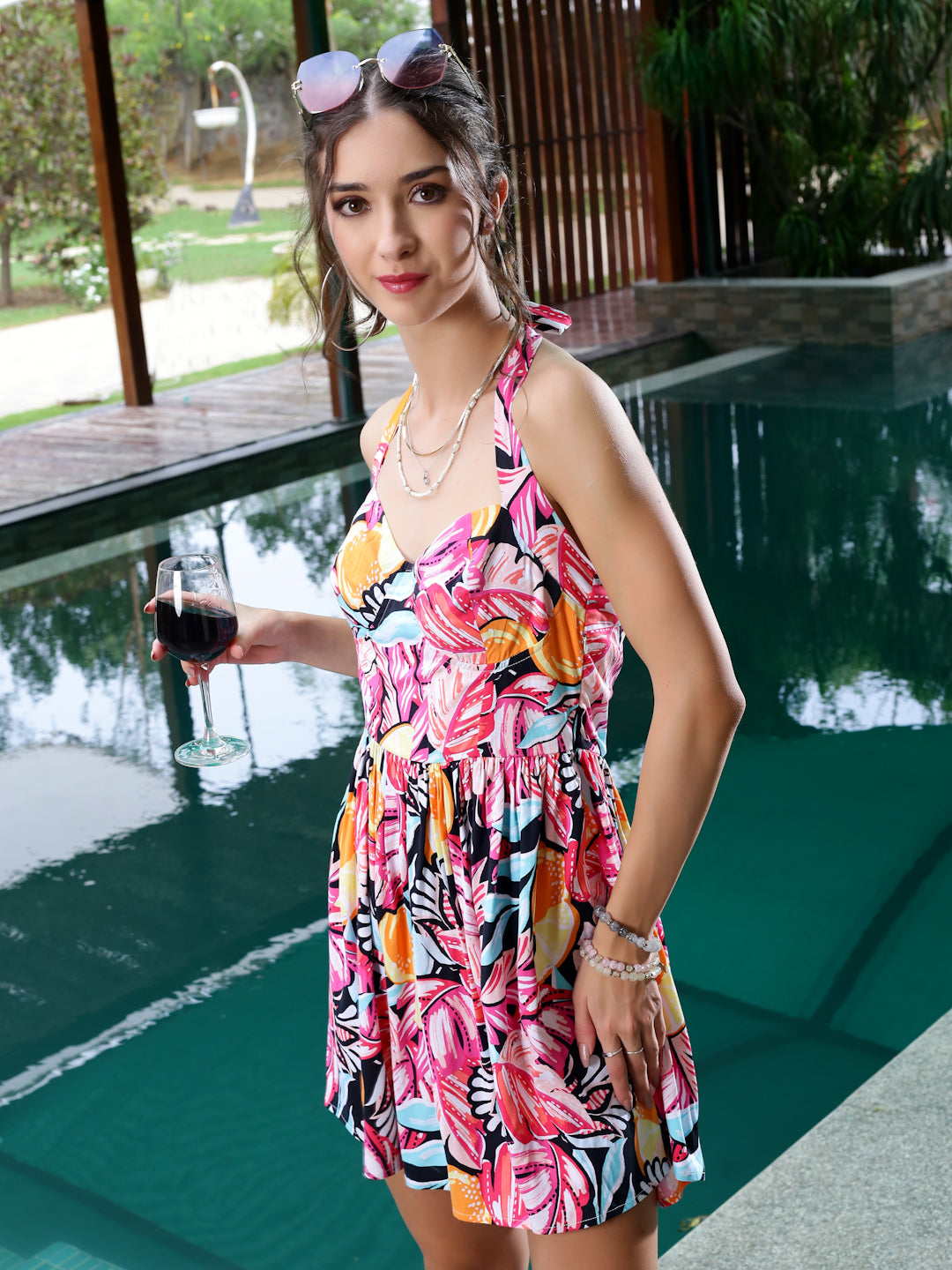 Streachable viscose halter mini dress