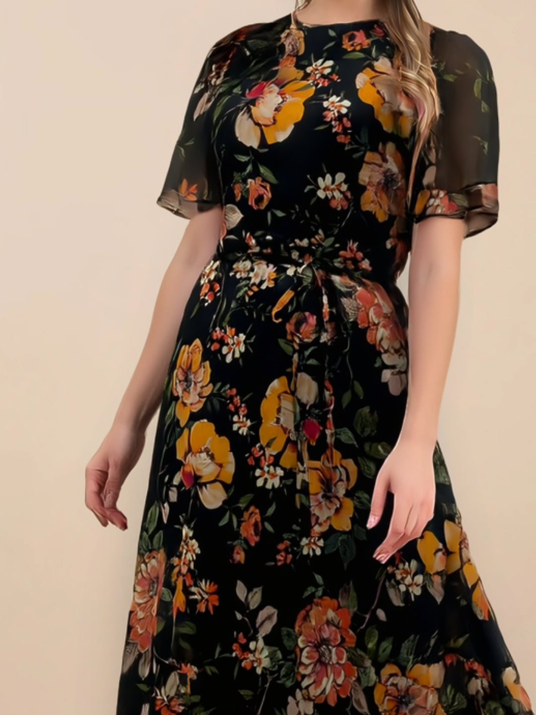Midnight Garden Elegant Floral Chiffon Dress