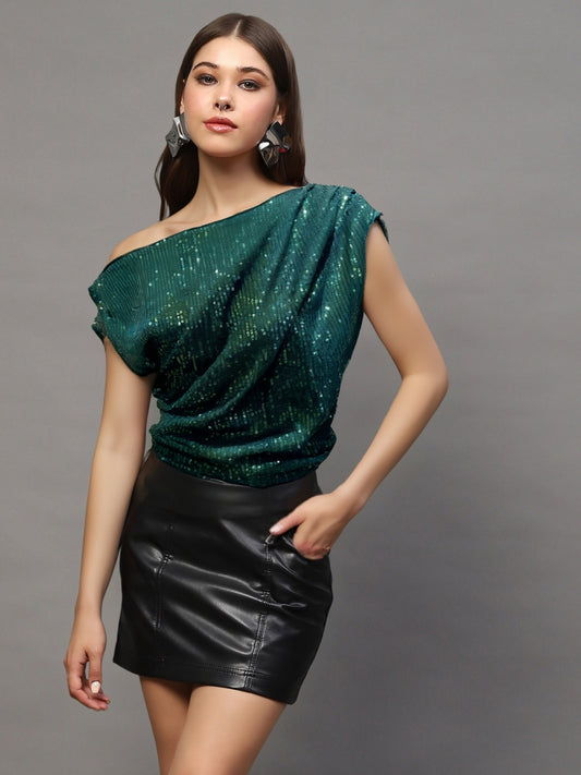Green Sequin One Shoulder Stylish Party Wear  Trendy Off Shoulder Top
